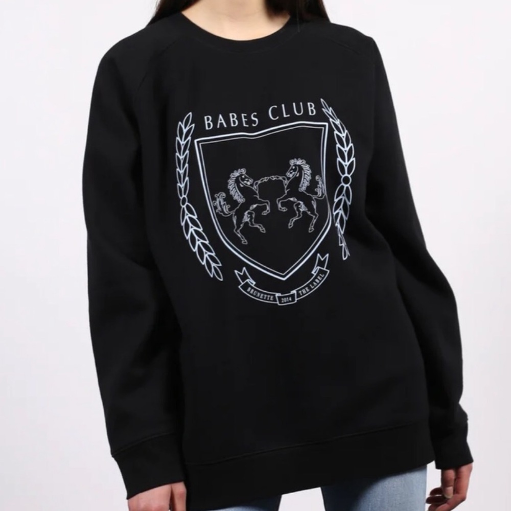 XS/S Brunette the Label Black OVERSIZED Sweatshirt Top Babes Club Crest Crewneck